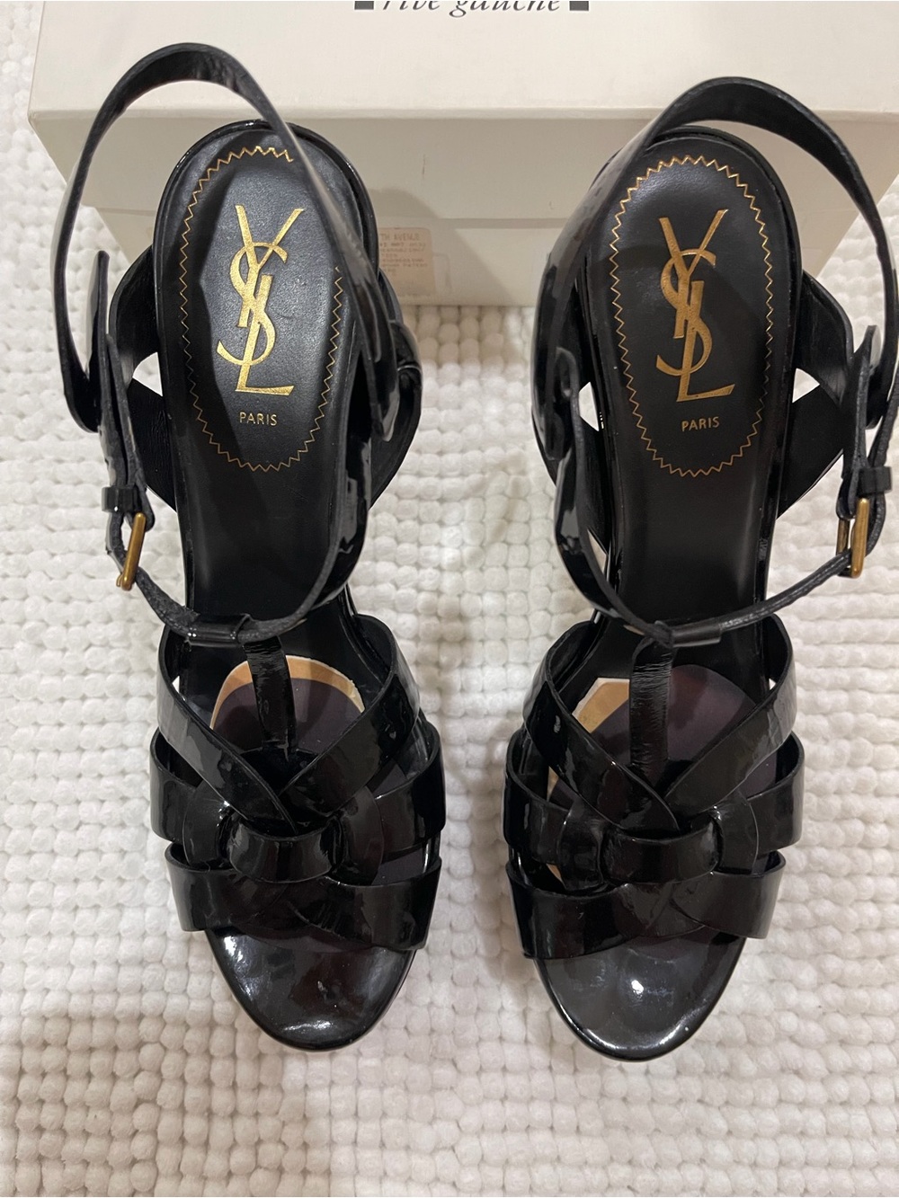 Saint Laurent Black Patent Leather T-Strap Woven Heels with Gold Accents